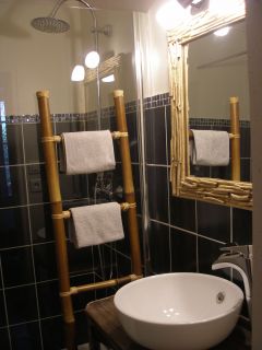 Avec grande douche et lavabo. Les toilettes sont indépendants de la salle de bain et disposent également d'un lavabo avec miroir.
